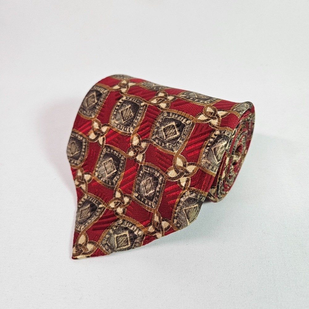 Robert Talbott 100% Silk Hand Made in USA Tie Geometric Gold‎ Red 4" x 57"